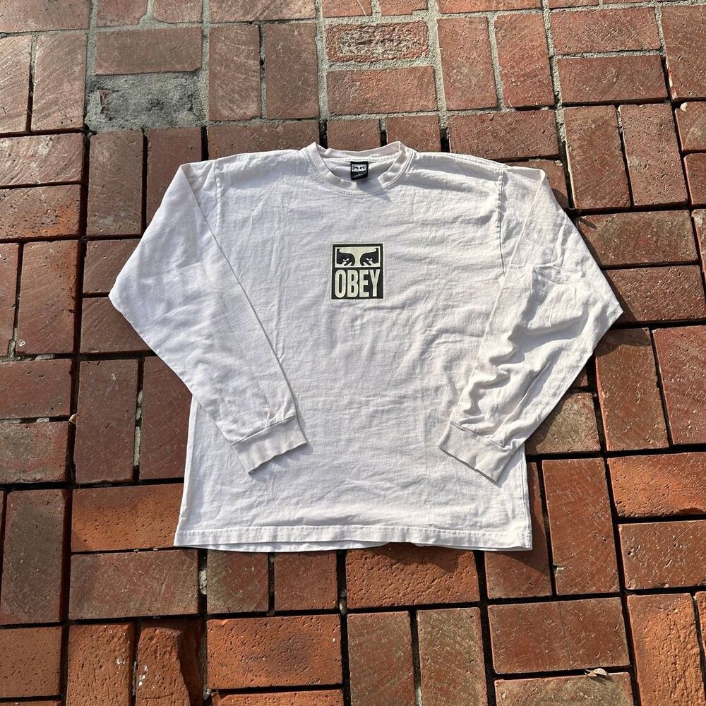 Obey Eyes Logo Long Sleeve Shirt White Size L Streetwear Skate Graphic Tee